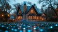 Victorian House Illuminated at Twilight Merging with Digital Network Connection Visualization Royalty Free Stock Photo
