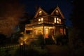 victorian house, with its exterior illuminated by the warm glow of lanterns, on starry night Royalty Free Stock Photo