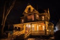 victorian house, with its exterior illuminated by the warm glow of lanterns, on starry night Royalty Free Stock Photo