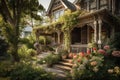victorian house, surrounded by blooming flowers and foliage, with wooden porch