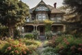 victorian house, surrounded by blooming flowers and foliage, with wooden porch