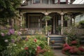 victorian house, surrounded by blooming flowers and foliage, with wooden porch