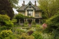 victorian house, surrounded by blooming gardens and green foliage