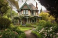 victorian house, surrounded by blooming gardens and green foliage