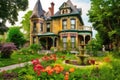 victorian house surrounded by lush gardens, with water features and blooming flowers