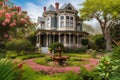 victorian house surrounded by lush gardens, with water features and blooming flowers