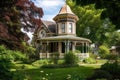 victorian house, with view of garden and gazebo, during warm summer day Royalty Free Stock Photo