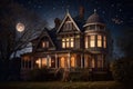 victorian house, with view of the moon and stars in the night sky Royalty Free Stock Photo
