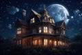 victorian house, with view of the moon and stars in the night sky Royalty Free Stock Photo