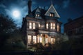 victorian house, with view of the moon and stars in the night sky Royalty Free Stock Photo