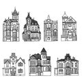 Victorian houses set. Architecture handdrawn inking sketches. Royalty Free Stock Photo