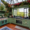 A Victorian-inspired greenhouse kitchen with an antique stove, floral wallpaper, and a conservatory dining area3, Generative AI Royalty Free Stock Photo