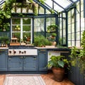 A Victorian-inspired greenhouse kitchen with an antique stove, floral wallpaper, and a conservatory dining area5, Generative AI Royalty Free Stock Photo