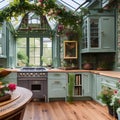 A Victorian-inspired greenhouse kitchen with an antique stove, floral wallpaper, and a conservatory dining area4, Generative AI Royalty Free Stock Photo