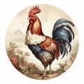 Victorian-inspired Illustration Of A Young Female Rooster In A Floral Circle