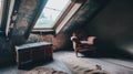 Victorian interior design of attic room vintage red armchair next to an aged wooden chest. peeling paint on the walls window casts Royalty Free Stock Photo