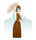 Victorian Lady Businesswoman Wealthy Cartoon Character Icon on Stylish English City Background Retro Vintage Great