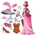 Victorian Lady Fashion Collection In Cartoon Style. Vintage Clothing Set Corset,shoes, Hat, Perfume, Umbrella, Sewing Kit,