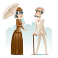 Victorian Lady And Gentleman Wealthy Cartoon Characters Icons On Stylish English City Background Retro Vintage Great