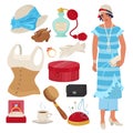 Victorian lady set, flat vector isolated illustration. English lady clothing and accessories.