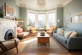 victorian living room, bay window letting in sunlight Royalty Free Stock Photo