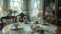 Victorian london parlor high tea setup, detailed furniture, delicate china patterns, lace curtains