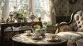 Victorian london parlor high tea setup, intricate china, soft light, depth focus