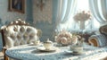 Victorian london parlor high tea setup with realistic details and intricate china patterns