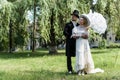 Victorian man standing with woman holding umbrella Royalty Free Stock Photo