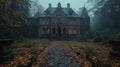 Victorian Mansion Amidst Autumn Foliage in Fog