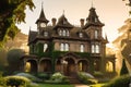 Victorian Mansion Enveloped in Ivy - Towering Turrets Piercing the Mist, a Patina Copper Weather Vane