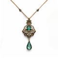 Victorian Ornate Necklace With Green Stones - Dark Teal And Light Aquamarine