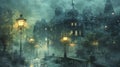 Victorian revolution in an enchanted city, diamond-studded streetlamps, foggy night, cobblestone roads, lantern glow