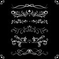Victorian set white ornate page decor elements banners, frames, dividers, ornaments and patterns on black background. Vector Royalty Free Stock Photo
