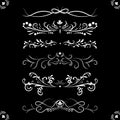 Victorian set white ornate page decor elements banners, frames, dividers, ornaments and patterns on black. Collection of