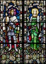 Victorian stained glass church window in St Michael's Mount castle depicting personifications of Victory and Peace, Cornwall