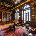 Victorian Steampunk Library: A Victorian library with leather-bound books, brass telescope, and steampunk-inspired decor1, Gener