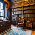 Victorian Steampunk Study: A steampunk study with antique leather furniture, Victorian-era decor, and brass details3, Generative