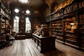 Victorian-style bookstore with aged books and antiqued atmosphere