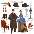 Victorian style epoch, couple and furniture object Royalty Free Stock Photo