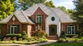 Victorian style red brick family house exterior with black roof tiles. Beautiful landscaped front yard with lawn and pruned shrubs