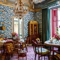Victorian Tea Parlor: An elegant Victorian-style parlor with floral wallpaper, fringed lampshades, and antique tea sets for an a