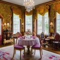 Victorian Tea Parlor: An elegant Victorian-style parlor with floral wallpaper, fringed lampshades, and antique tea sets for an a