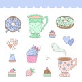 Victorian tea party. Illustrated doodle clip art collection.