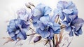 Victorian watercolor botanical drawing of a light blue iris. Antique worn and faded white background.