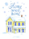 Victorian yellow house. Lettering Home sweet home. Royalty Free Stock Photo