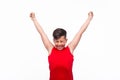 Victorious boy on white background Royalty Free Stock Photo