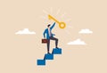 Victorious businessman climbs success ladder, proudly holding the golden key to career achievement. Key to business success vector Royalty Free Stock Photo