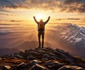 Victorious man with hands raised on top of the mountain in sunset celebrating his achievement, generated by AI