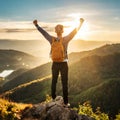 Victorious man with hands raised on top of the mountain in sunset celebrating his achievement, generated by AI